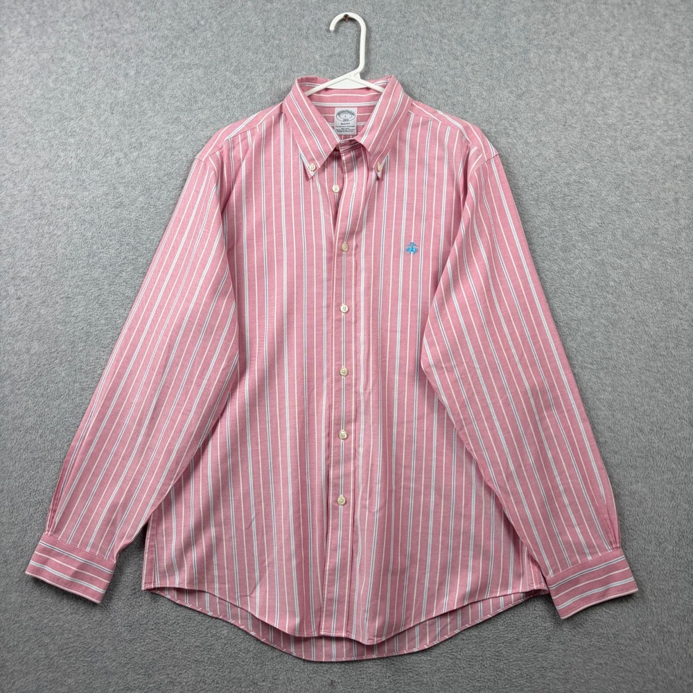 Brooks Brothers Shirt Mens Large Pink Striped Oxford OCBD Regent Supima Non Iron